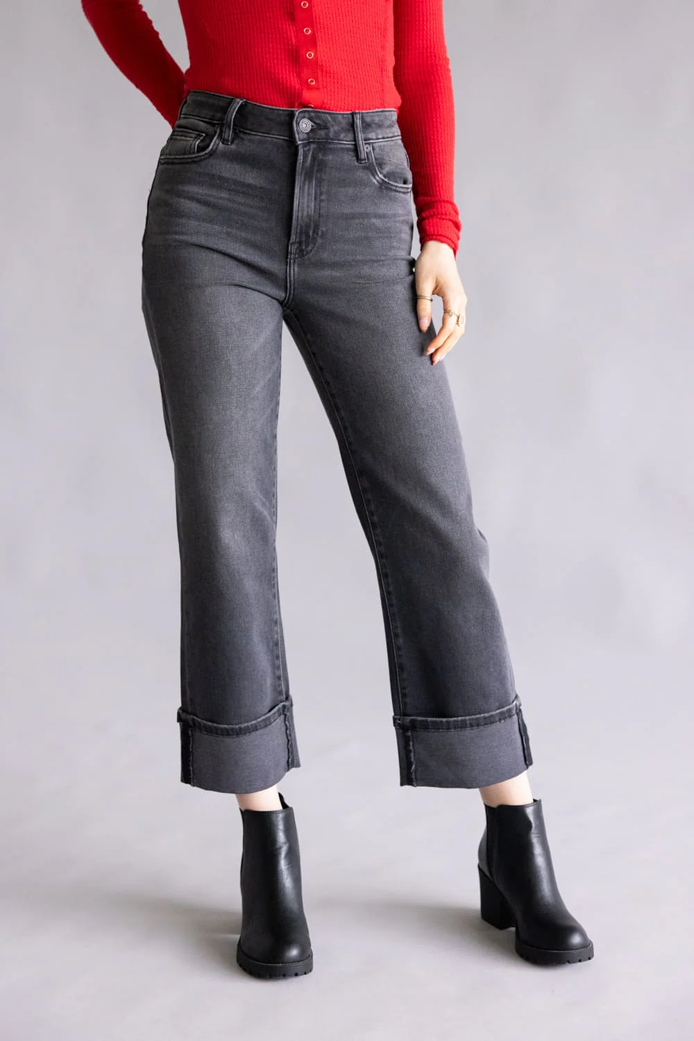Hidden High Rise Ella Straight Leg Cuffed Jeans for Women in Black | HD1694WSC-CHA - Image 3
