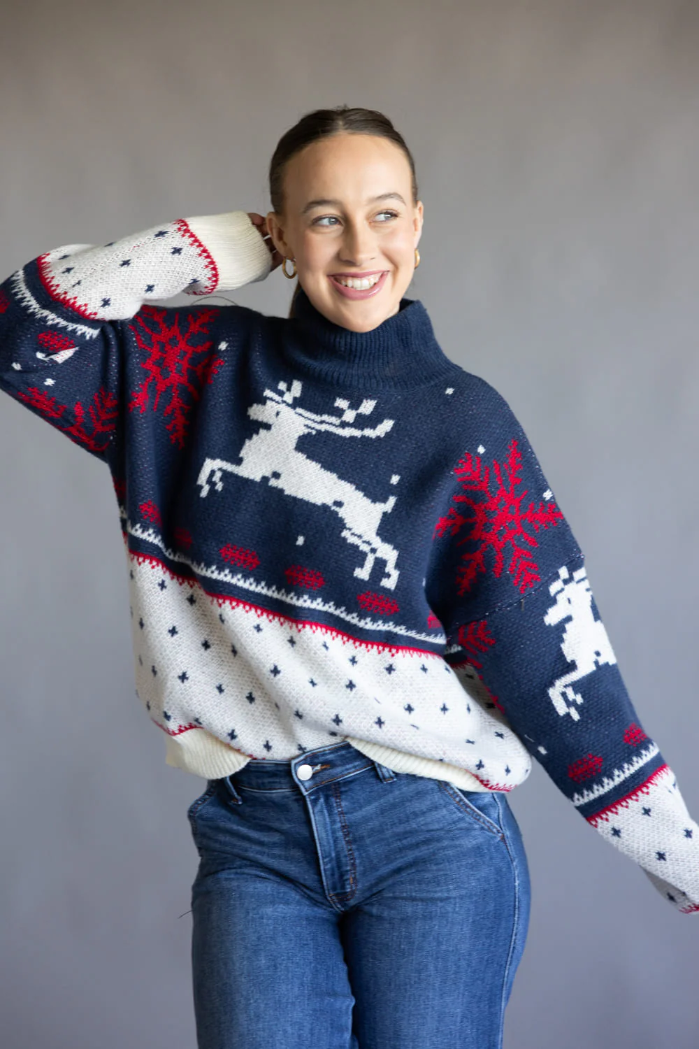 High Neck Fair Isle Sweater for Women in Dusty Blue | IWT6050-DUSTYBLUE-MULTI - Image 3