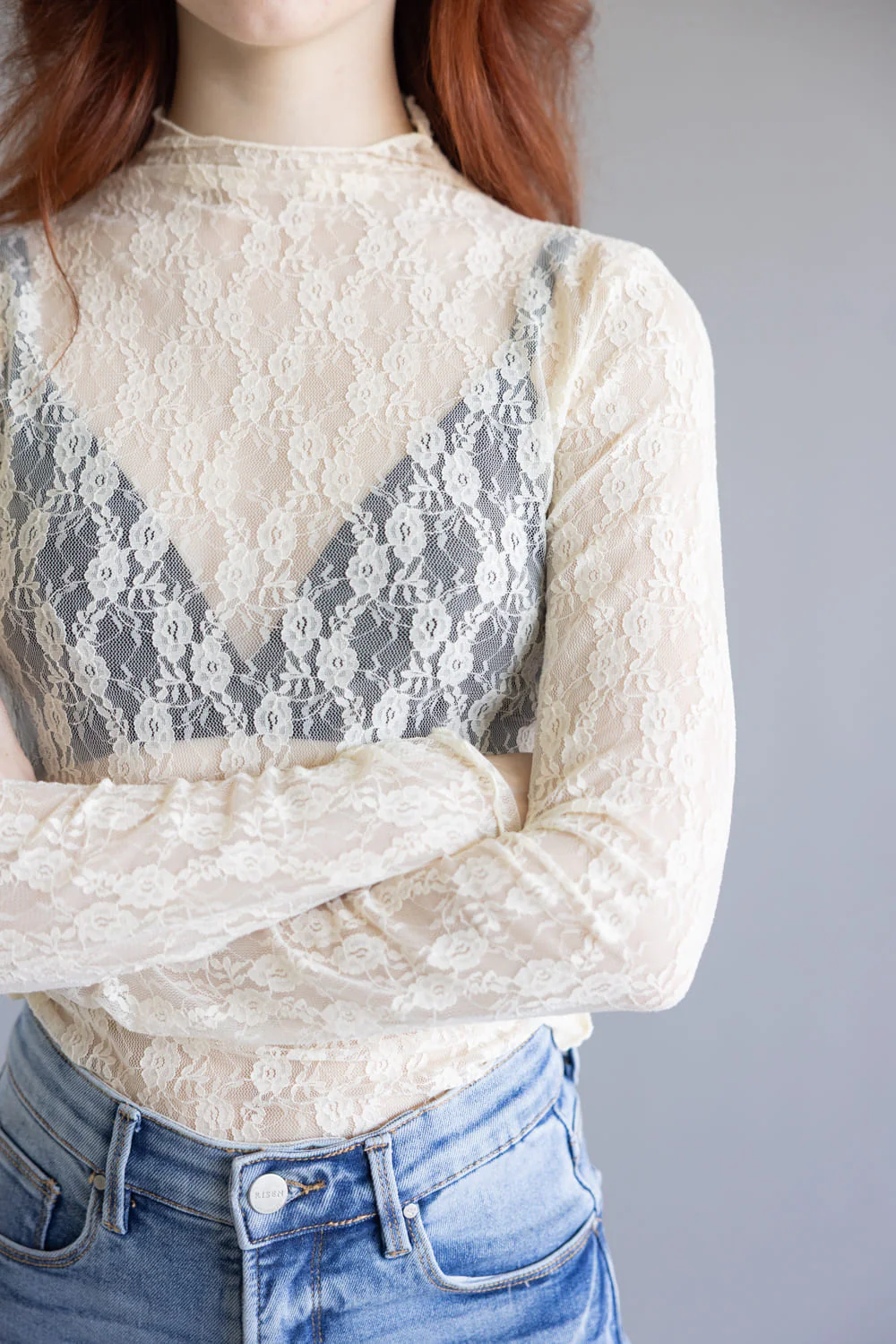 High Neck Lace Sheer Layering Top for Women in Champagne | NT12220-CHAMPAGNE - Image 2
