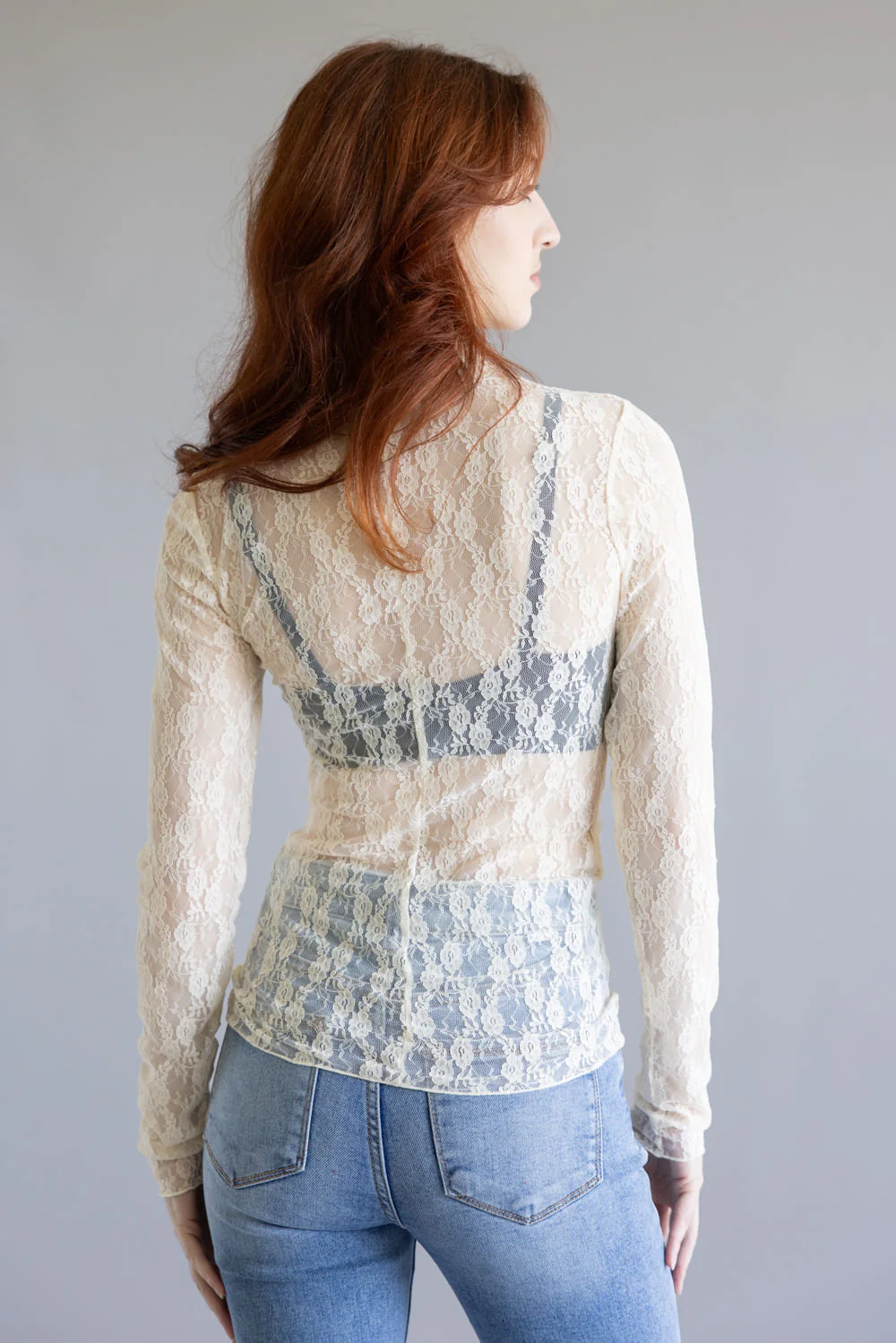 High Neck Lace Sheer Layering Top for Women in Champagne | NT12220-CHAMPAGNE - Image 3