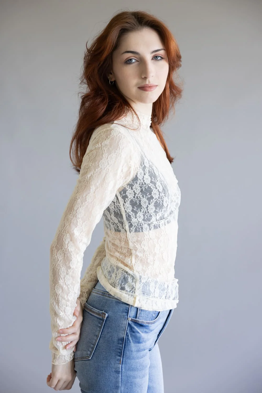 High Neck Lace Sheer Layering Top for Women in Champagne | NT12220-CHAMPAGNE - Image 4