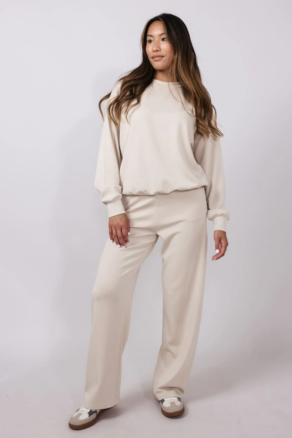 High Rise Stretch Wide Leg Sweatpants for Women in Beige | GP016-BEIGE - Image 2
