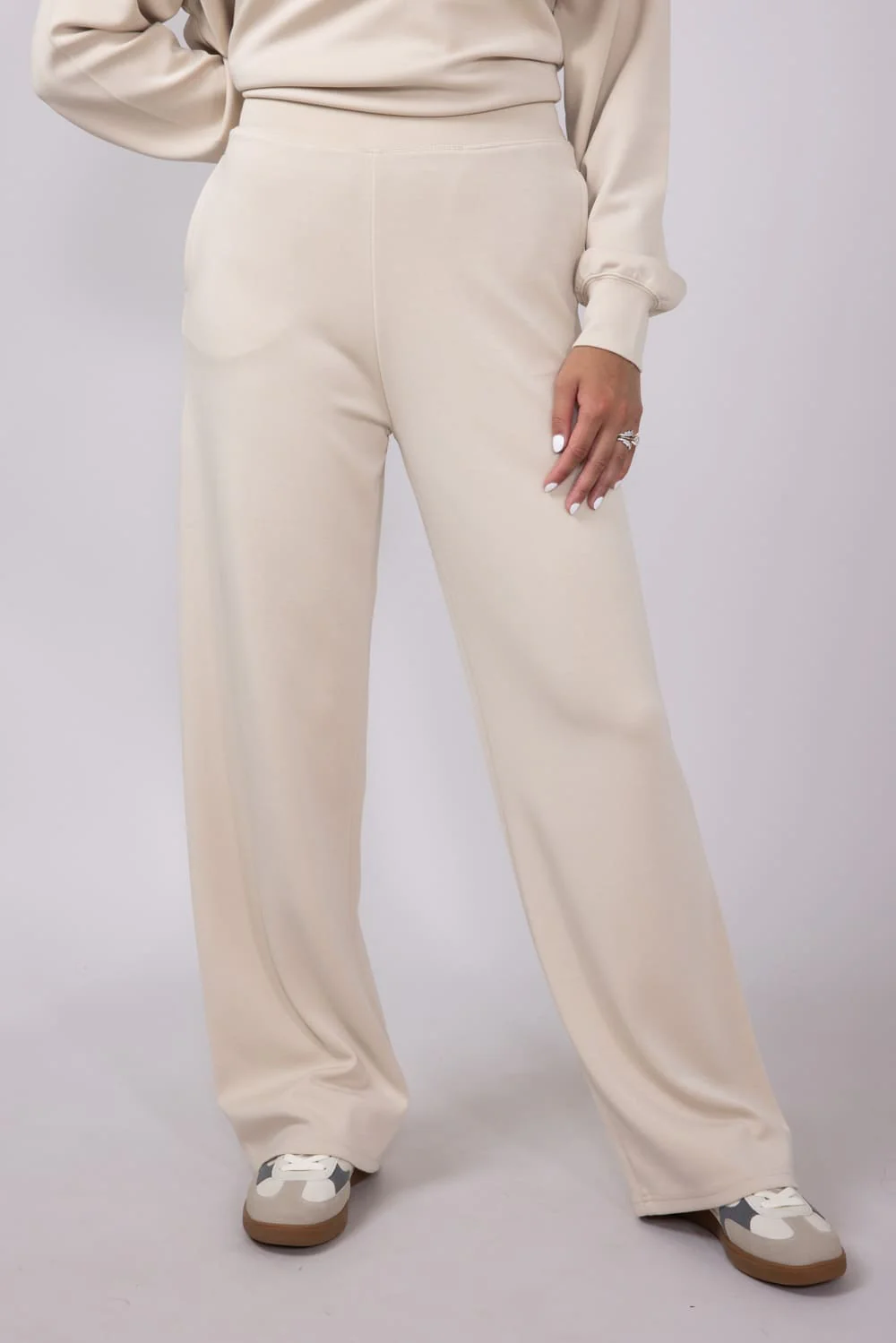 High Rise Stretch Wide Leg Sweatpants for Women in Beige | GP016-BEIGE - Image 4