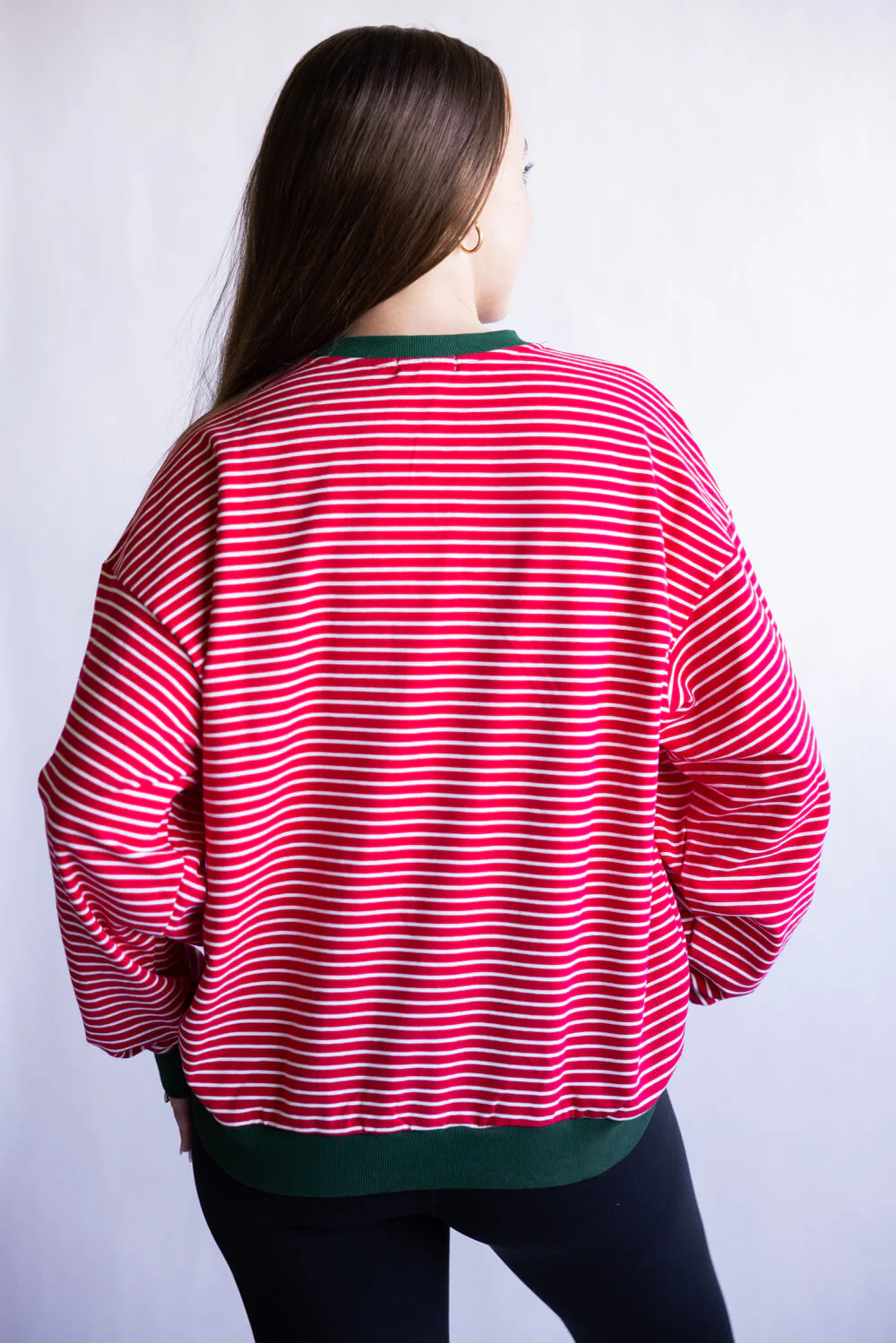 Holly Jolly Striped Pullover for Women in Red | CT34480-REDHUNTERGREEN - Image 2