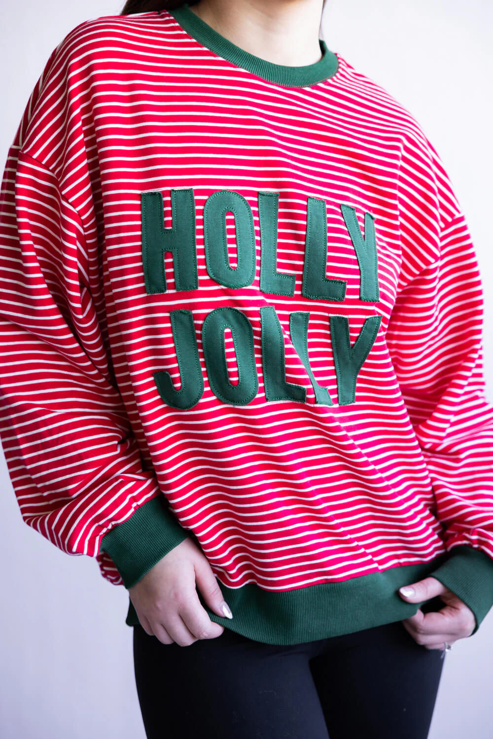 Holly Jolly Striped Pullover for Women in Red | CT34480-REDHUNTERGREEN - Image 3