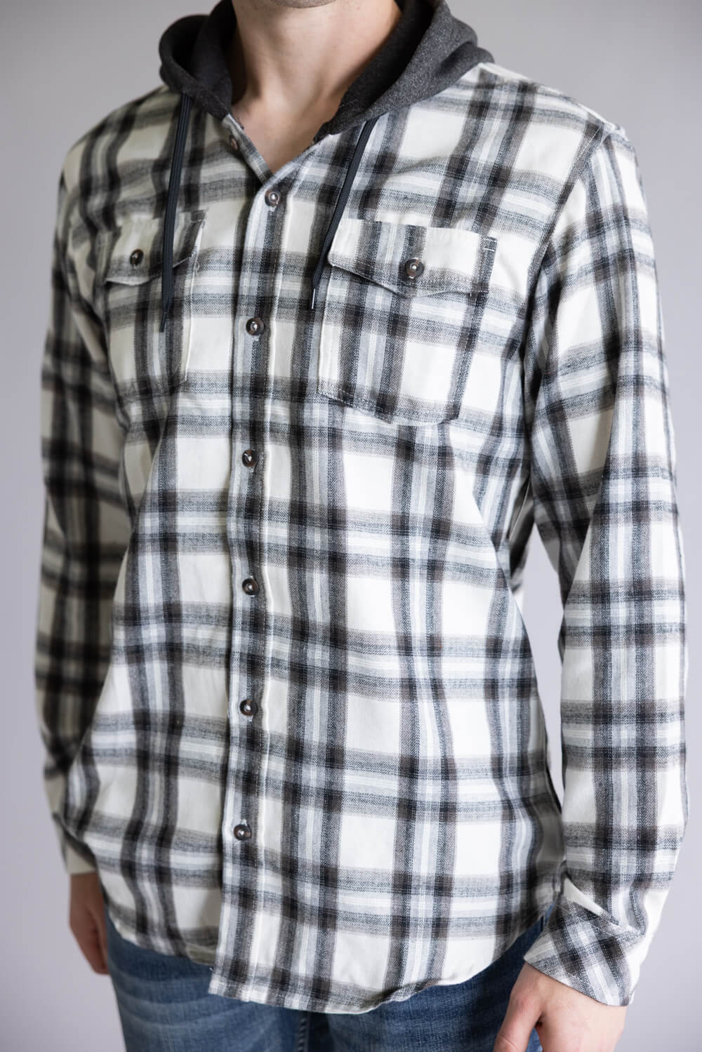 Hooded Plaid Flannel for Men in Ivory Black | TT8291GL-IVORYBLACK - Image 3