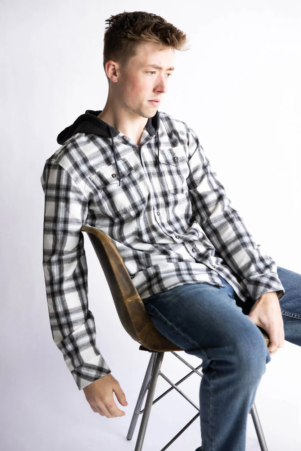 Hooded Plaid Flannel for Men in Ivory Black | TT8291GL-IVORYBLACK - Image 4