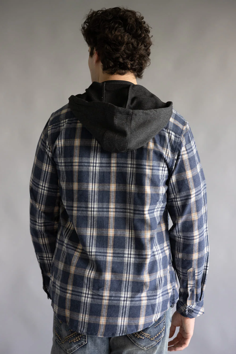 Hooded Plaid Flannel for Men in Washed Denim | TT8291GL-WASHEDDENIM - Image 2