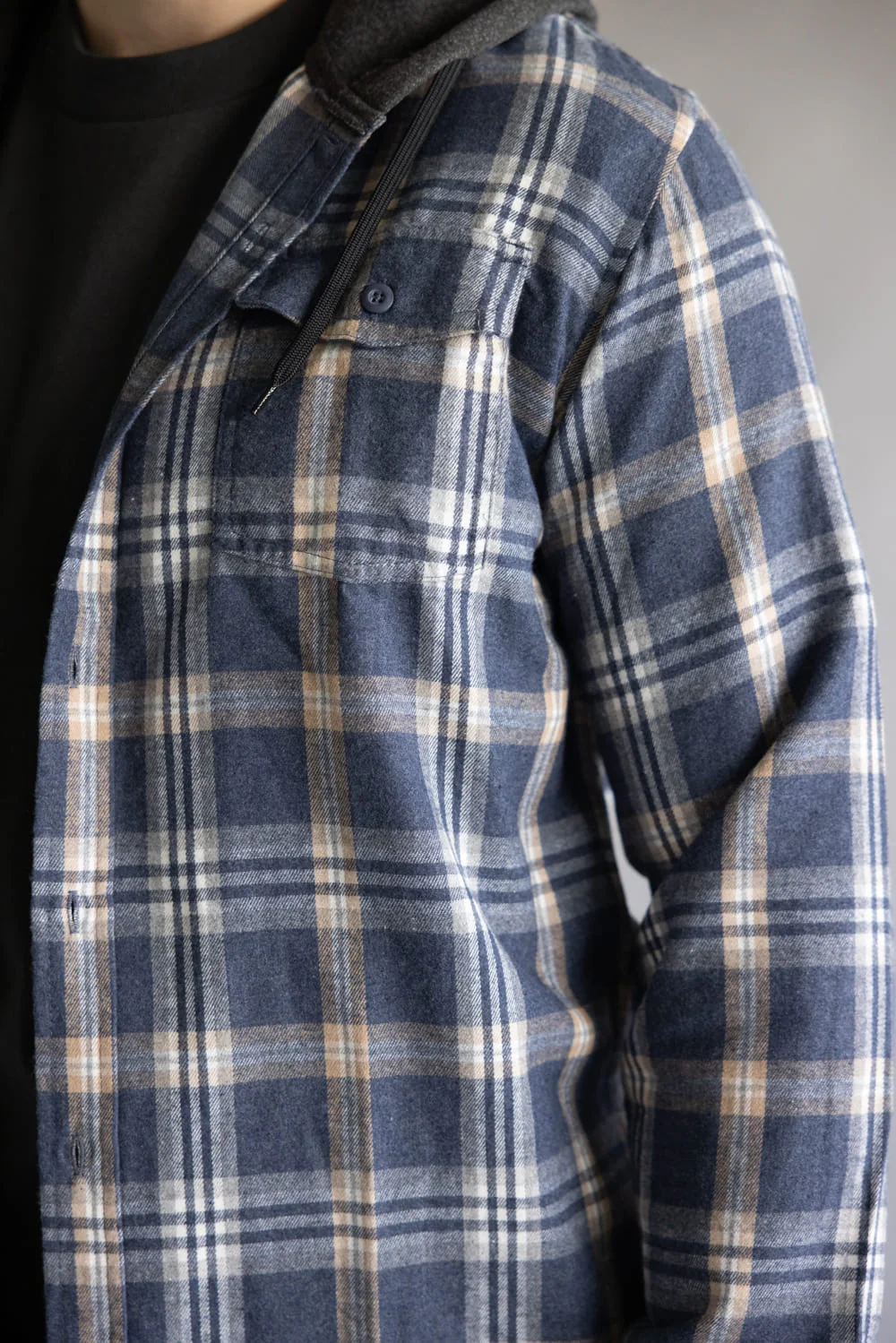 Hooded Plaid Flannel for Men in Washed Denim | TT8291GL-WASHEDDENIM - Image 3