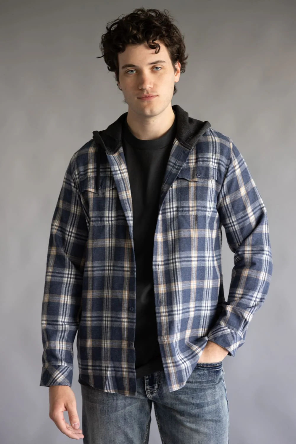 Hooded Plaid Flannel for Men in Washed Denim | TT8291GL-WASHEDDENIM - Image 4