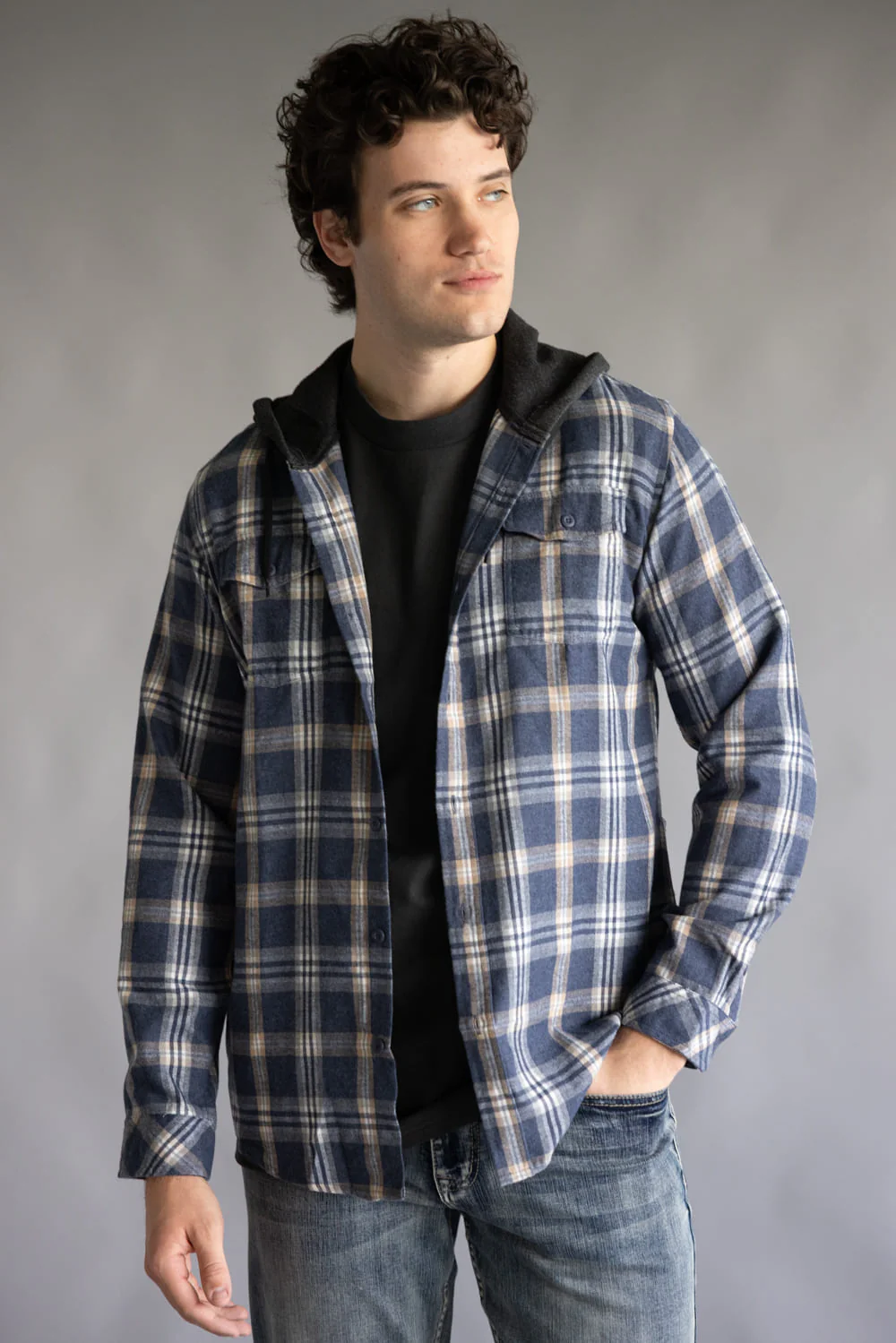 Hooded Plaid Flannel for Men in Washed Denim | TT8291GL-WASHEDDENIM - Image 5