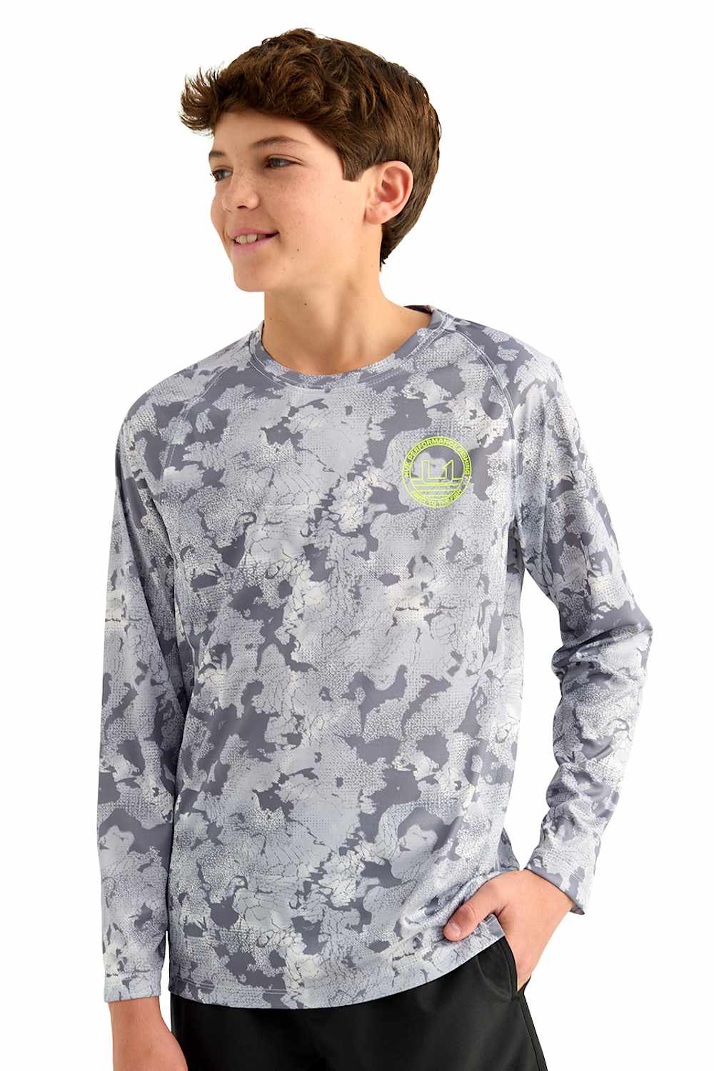 Huk Fishing Youth Printed Pursuit Performance Crew T-Shirt for Boys in Sharkskin Print | H7120148-028-GREY - Image 2