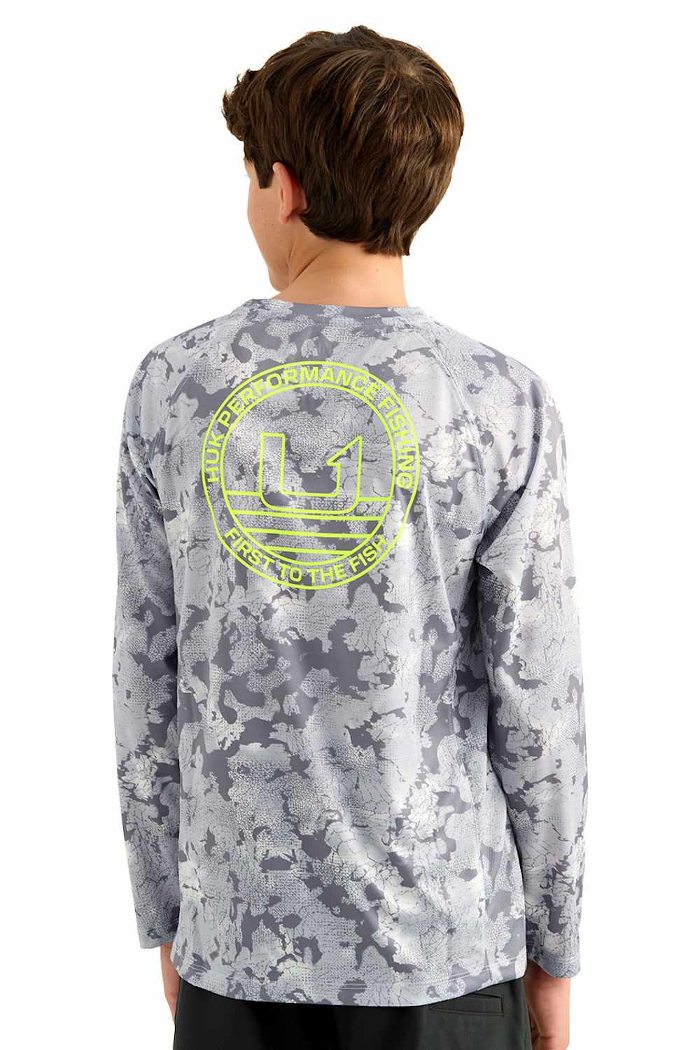 Huk Fishing Youth Printed Pursuit Performance Crew T-Shirt for Boys in Sharkskin Print | H7120148-028-GREY - Image 3