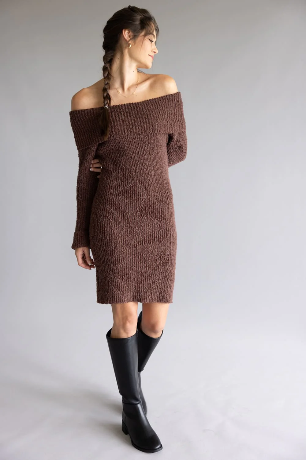 Illa Illa Off The Shoulder Knit Sweater Dress for Women in Brown | IM8665-BROWN - Image 4