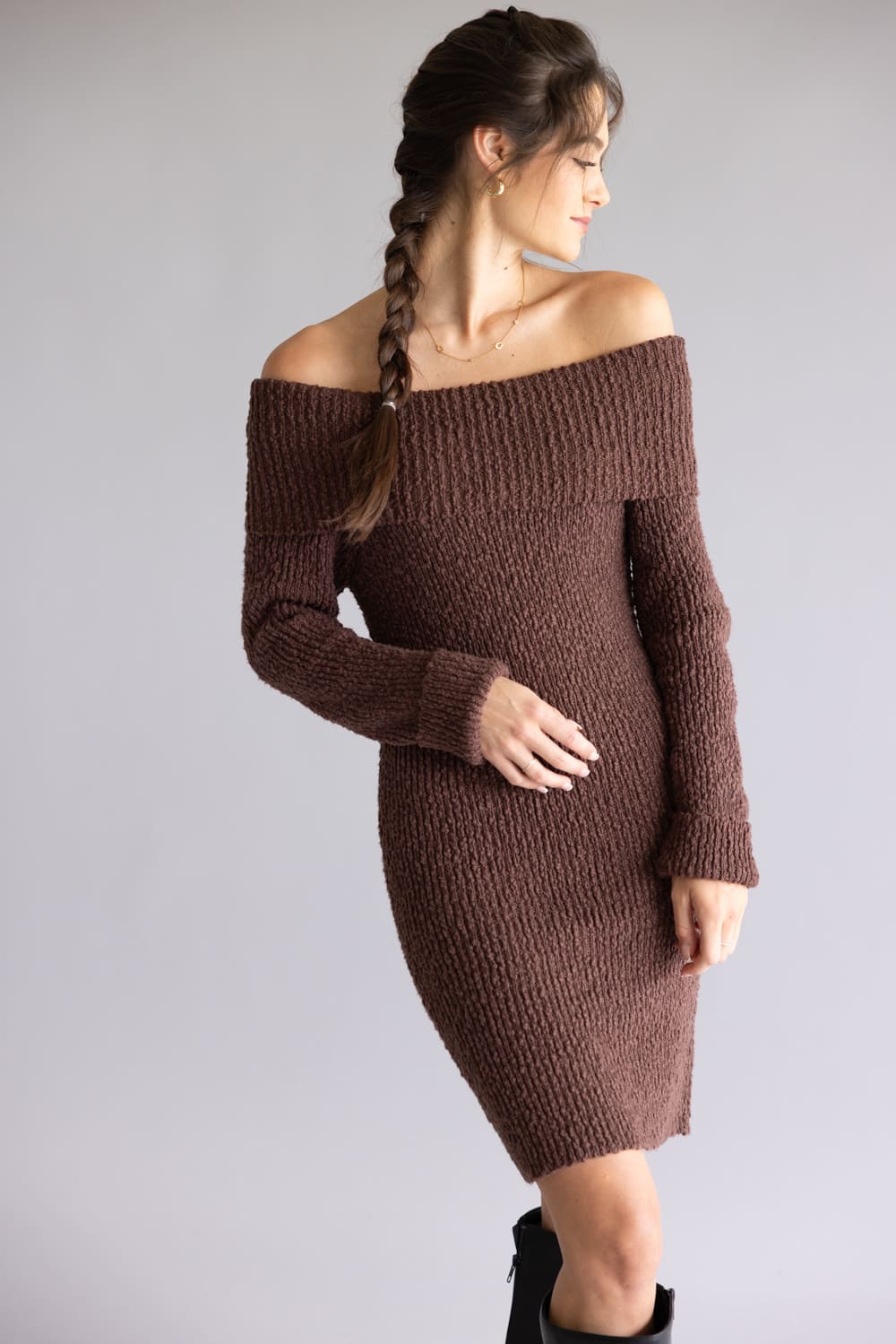 Illa Illa Off The Shoulder Knit Sweater Dress for Women in Brown | IM8665-BROWN - Image 5