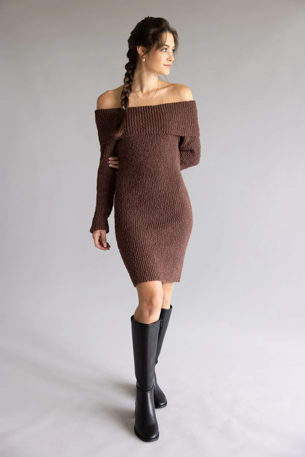 Illa Illa Off The Shoulder Knit Sweater Dress for Women in Brown | IM8665-BROWN - Image 6