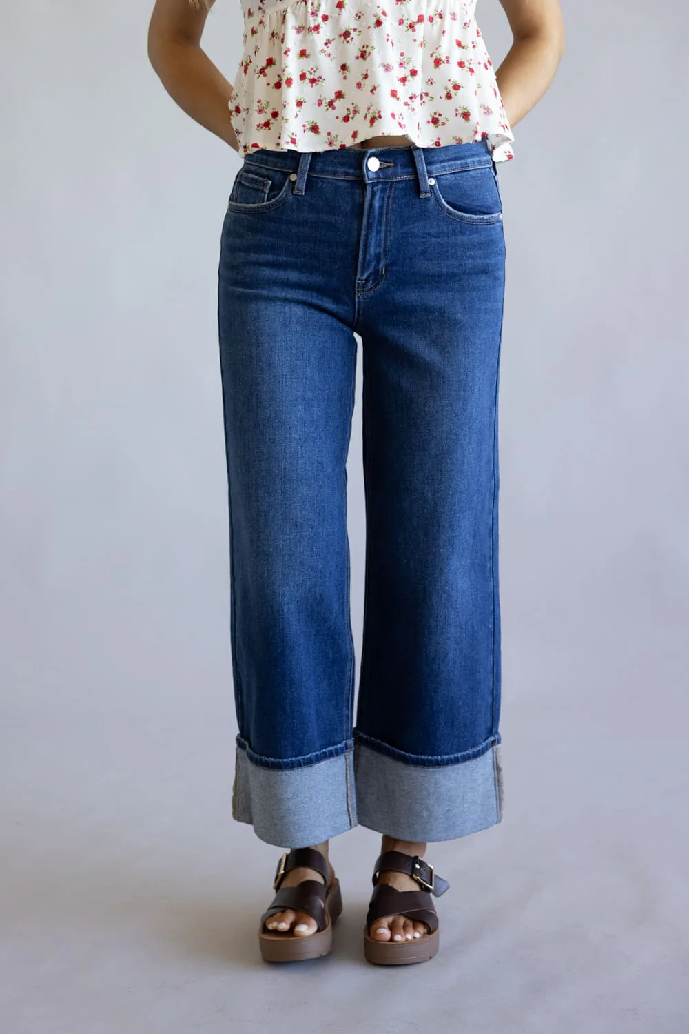 JBD Liv High Rise Cuffed Slim Wide Leg Petite Jeans for Women | DP847-DARKDENIM - Image 2