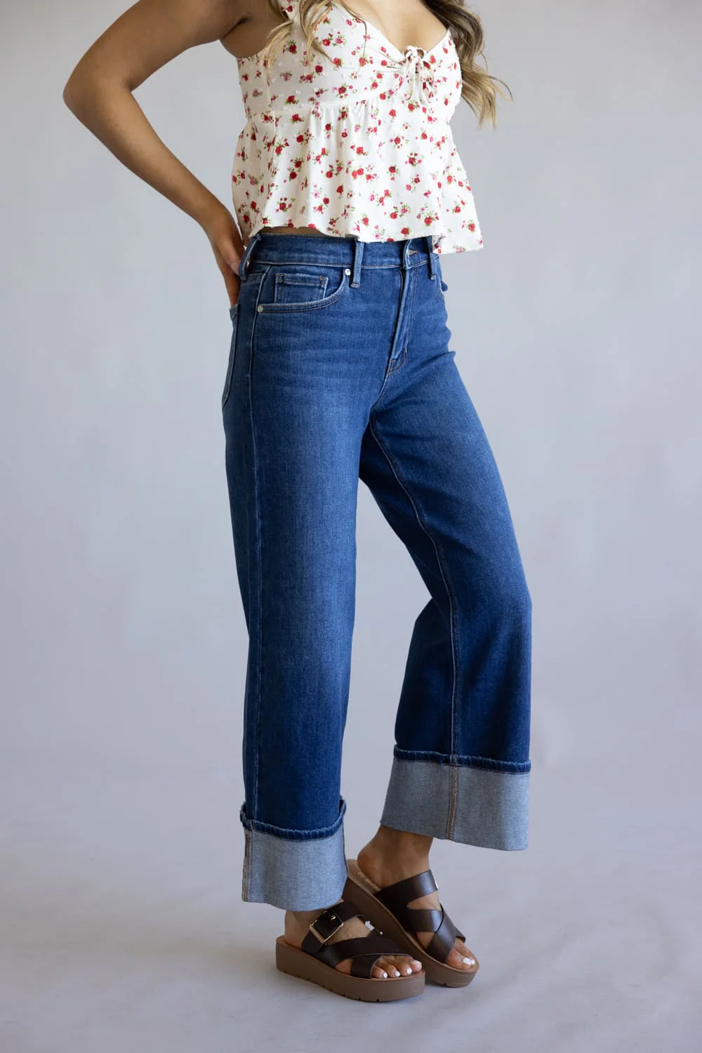 JBD Liv High Rise Cuffed Slim Wide Leg Petite Jeans for Women | DP847-DARKDENIM - Image 4