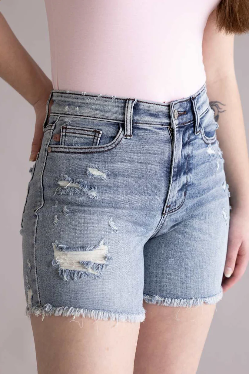Judy Blue High Rise Distressed Fray Hem Denim Shorts for Women | 15275REG - Image 4