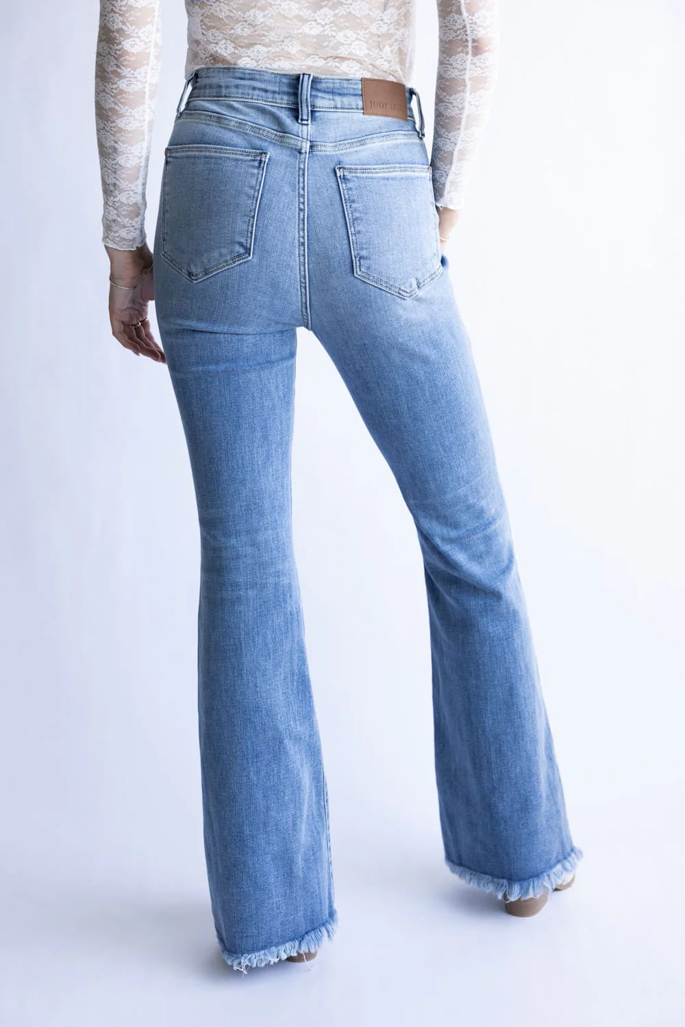 Judy Blue High Rise Pintuck Fray Hem Flare Jeans for Women | 82687REG - Image 2