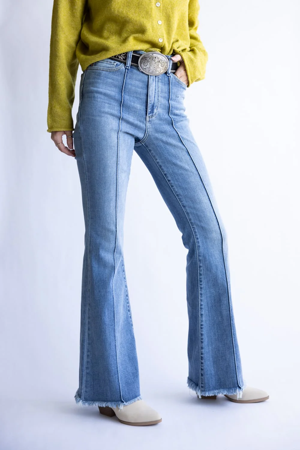 Judy Blue High Rise Pintuck Fray Hem Flare Jeans for Women | 82687REG - Image 3