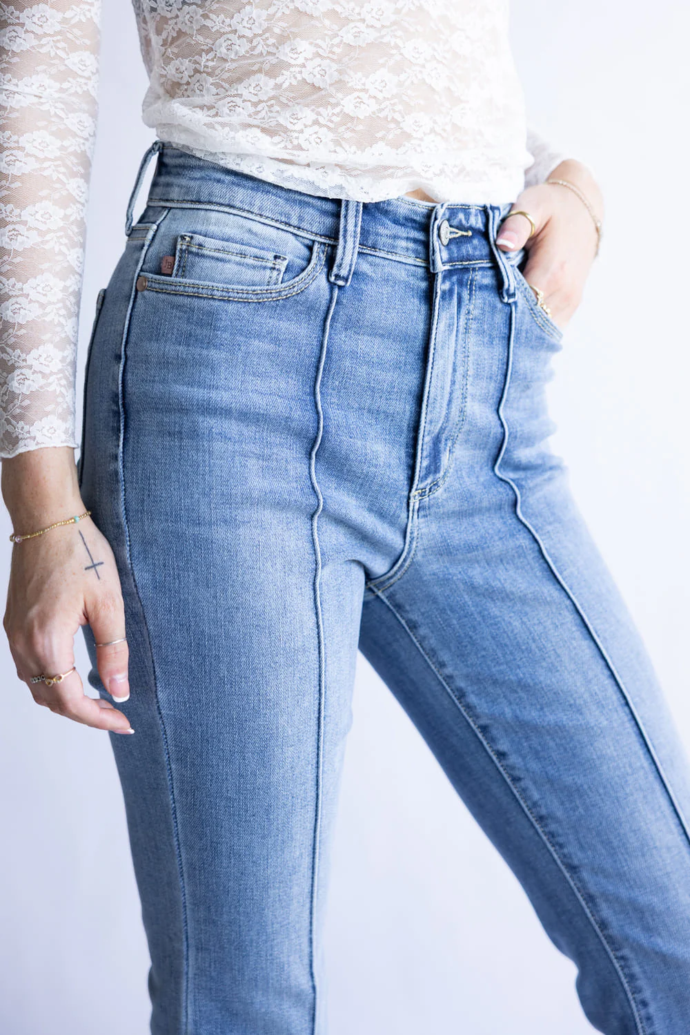 Judy Blue High Rise Pintuck Fray Hem Flare Jeans for Women | 82687REG - Image 4