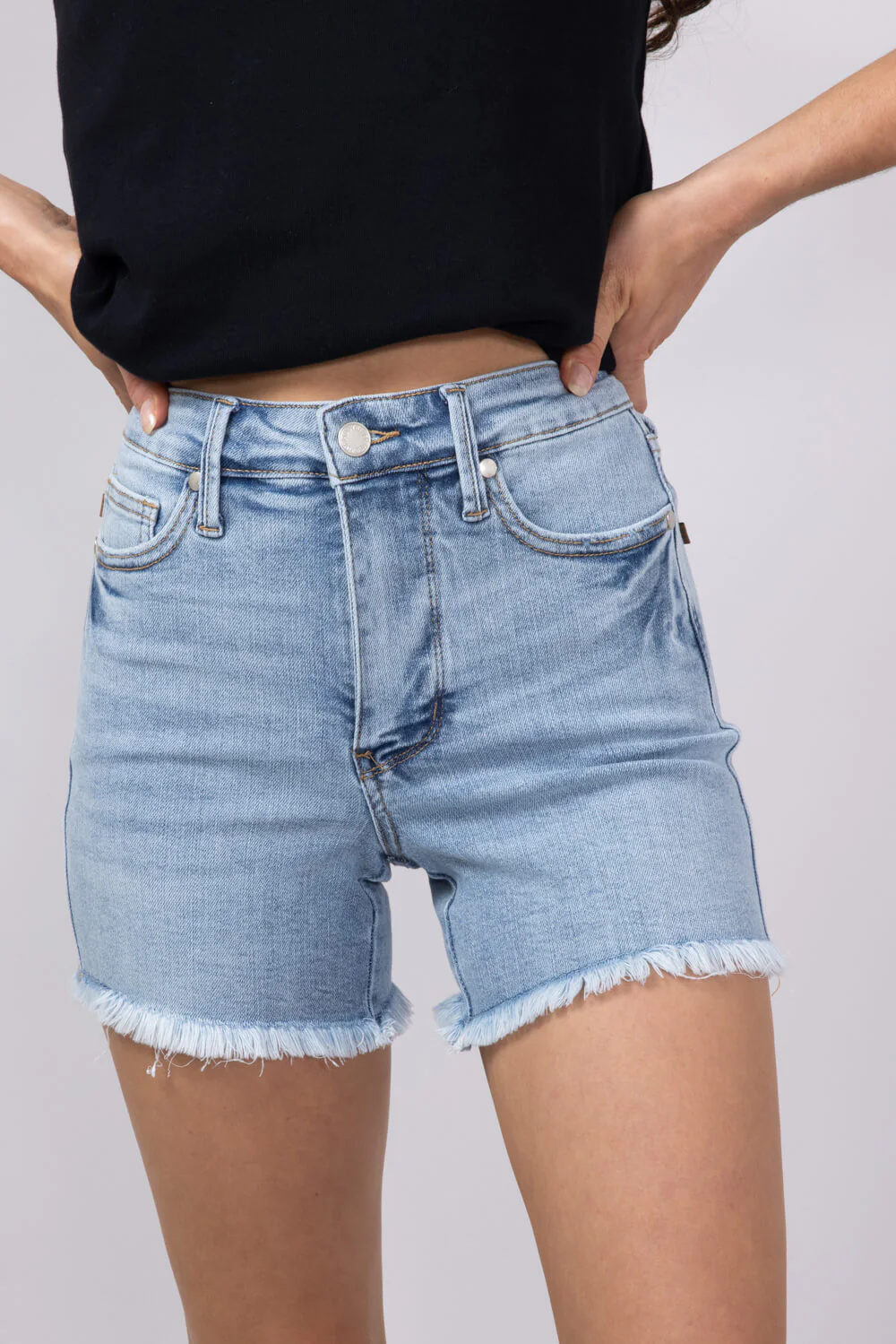 Judy Blue Mid Rise Tummy Control Raw Hem Denim Shorts for Women | 150331REG - Image 3