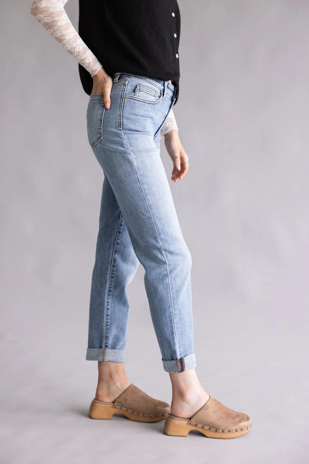 Judy Blue Mid-Rise Clean Cuffed Boyfriend Jeans for Women | 82703REG - Image 2