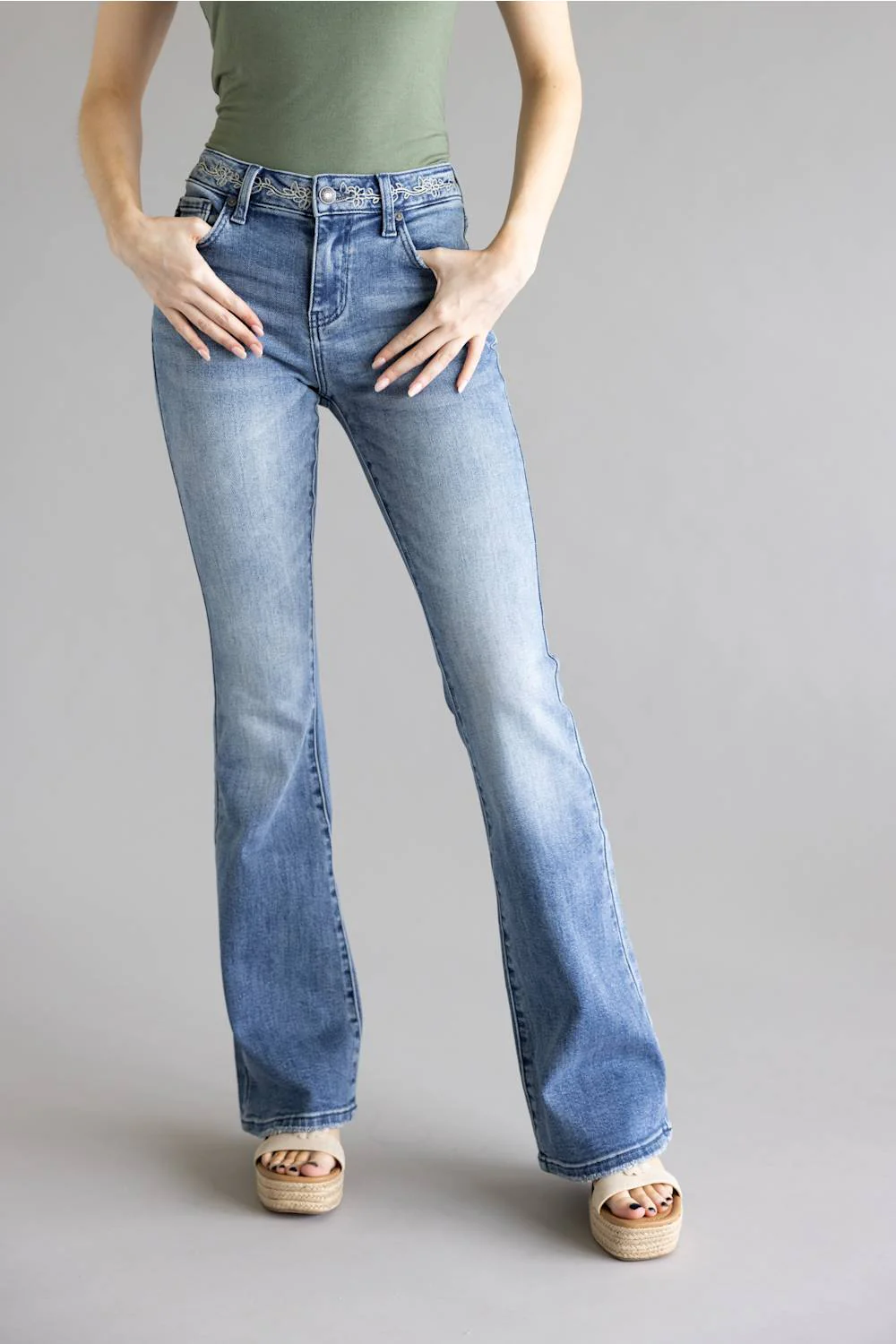 KanCan Embroidered Mid Rise Flare Jeans for Women | KC2182D - Image 4