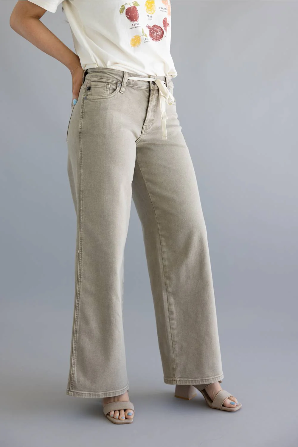 KanCan Mid Rise Drawstring Wide Leg Jeans for Women in Tan | KC1745TA - Image 5