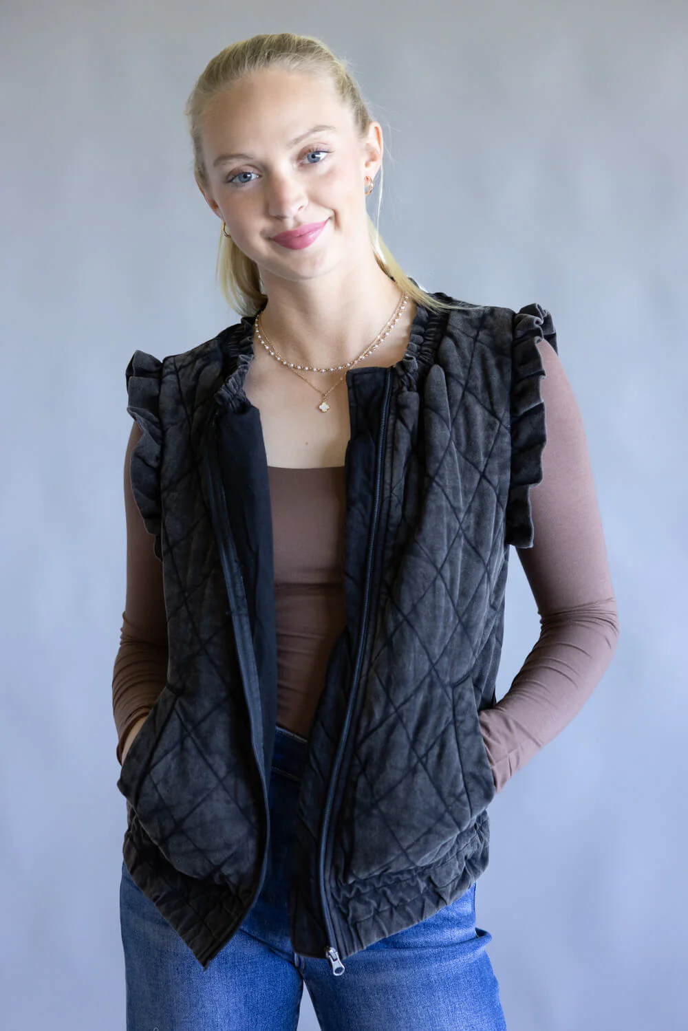 Katydid Garment Washed Quilted Ruffle Sleeve Vest for Women - Image 2