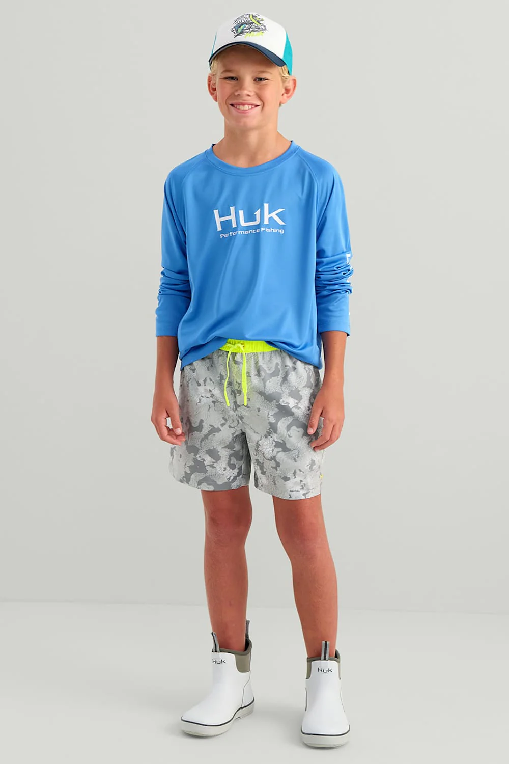 Huk Fishing Youth Printed Pursuit Volley Shorts for Boys in Grey | H7200034-028-GREY - Image 3