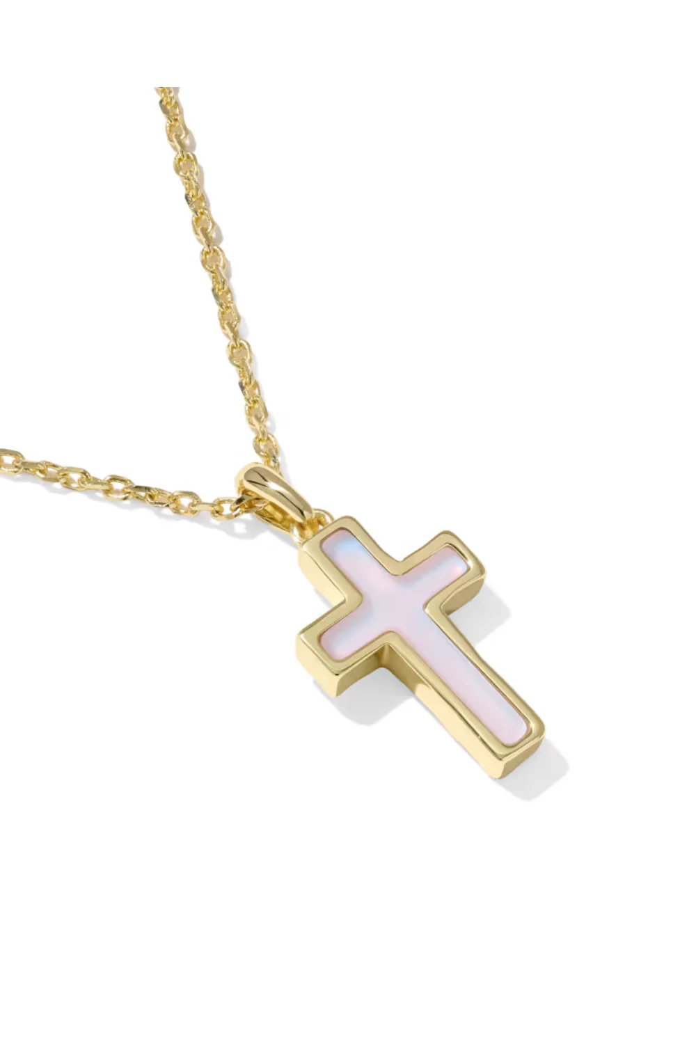 Kendra Scott Cross Gold Pendant Necklace in Matte Blush Pink Dichroic Glass | 9608895462 - Image 4