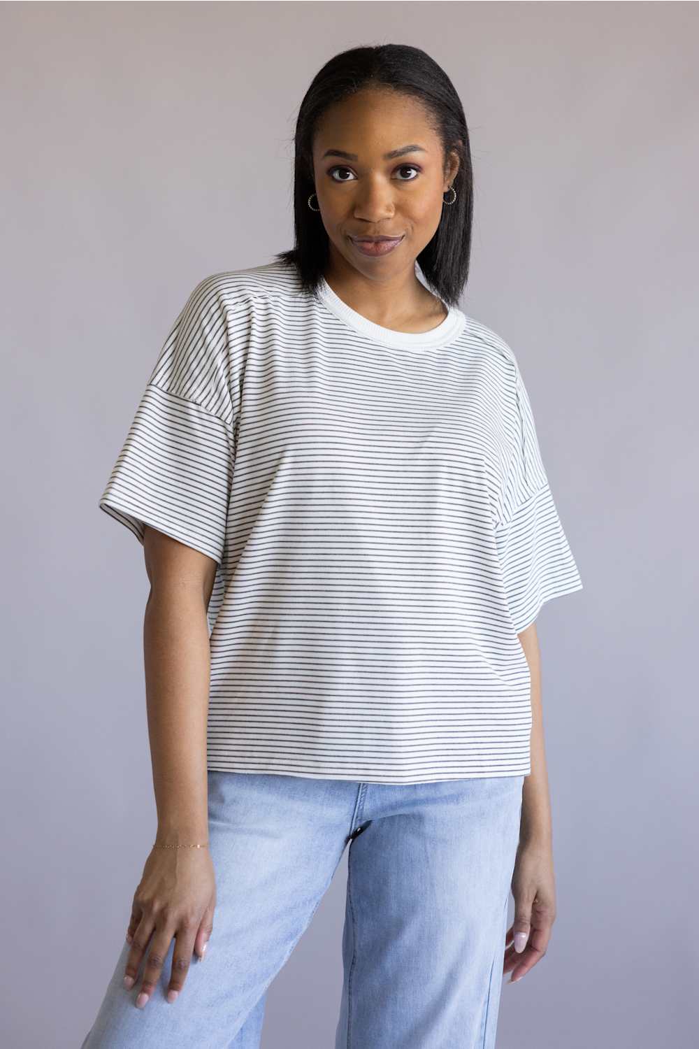 La Miel Basic Striped Drop Shoulder Top for Women in Heather Grey | HDT7703-HGREY - Image 3