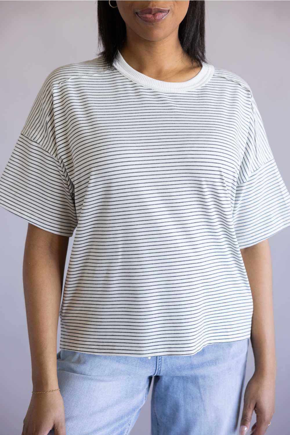La Miel Basic Striped Drop Shoulder Top for Women in Heather Grey | HDT7703-HGREY - Image 4