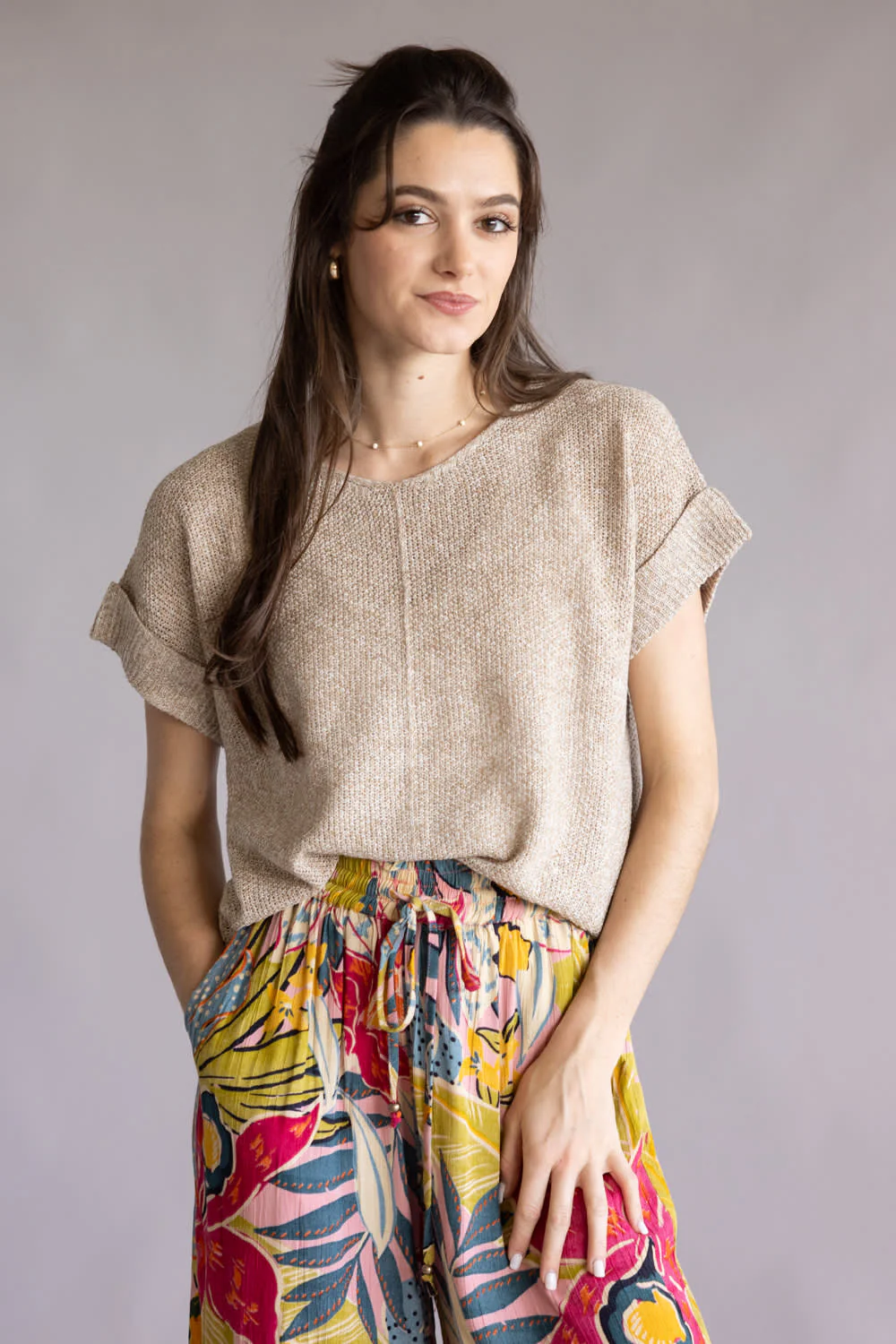 La Miel V-Neck Short Sleeve Sweater for Women in Taupe | MCS3580-TAUPE - Image 2