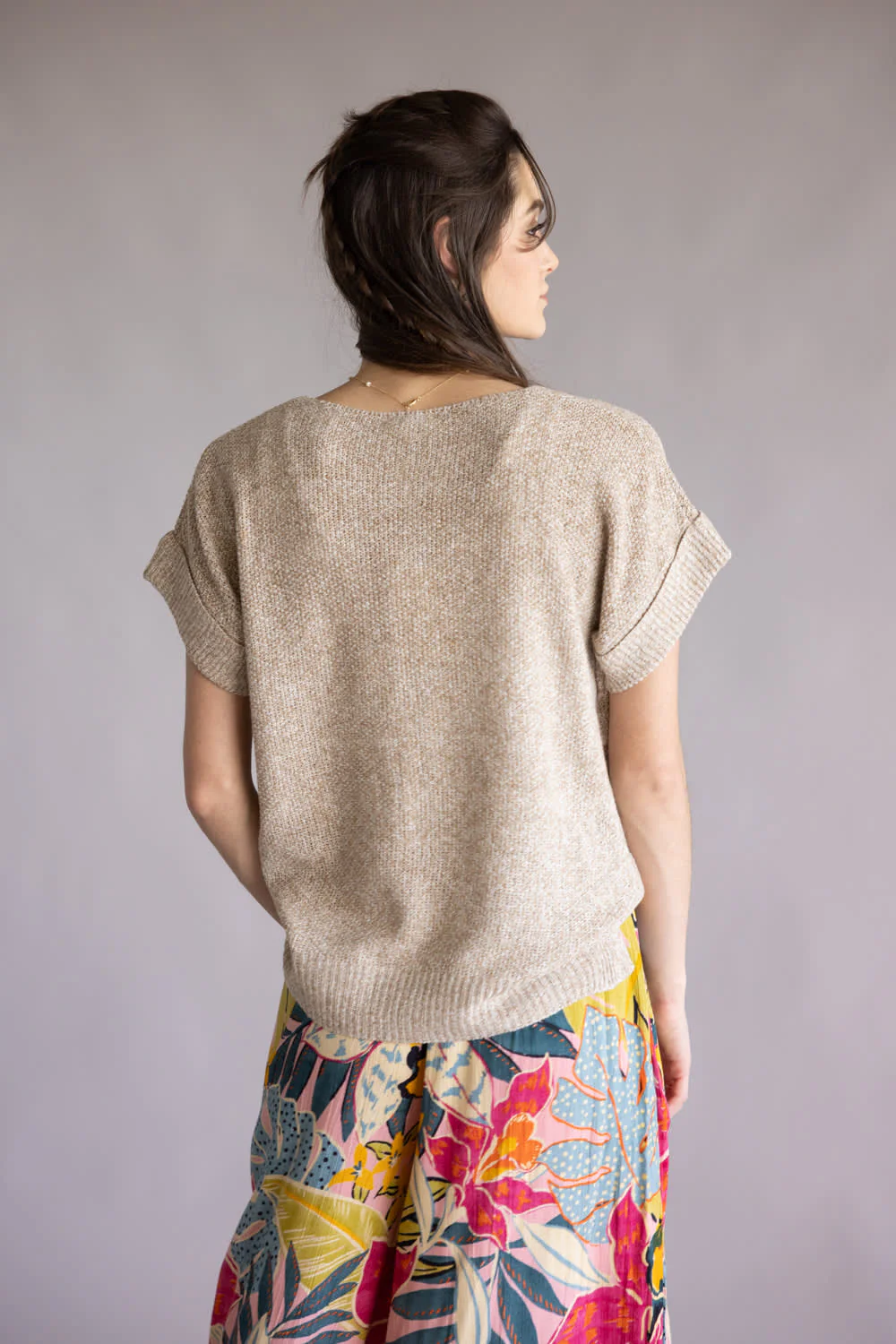 La Miel V-Neck Short Sleeve Sweater for Women in Taupe | MCS3580-TAUPE - Image 3