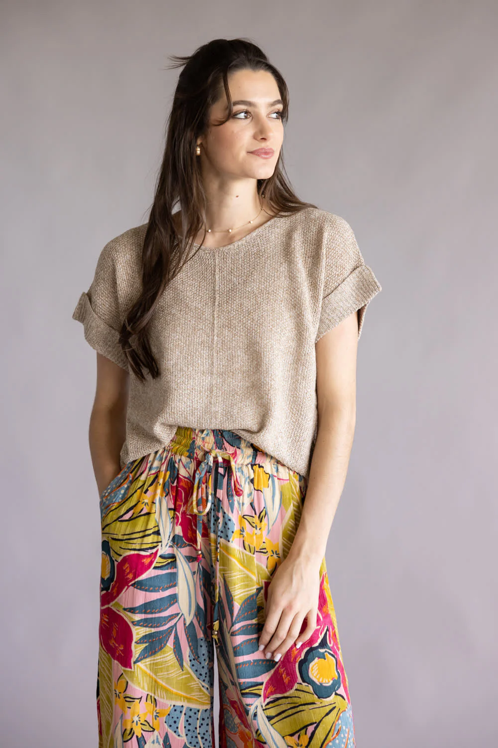 La Miel V-Neck Short Sleeve Sweater for Women in Taupe | MCS3580-TAUPE - Image 4