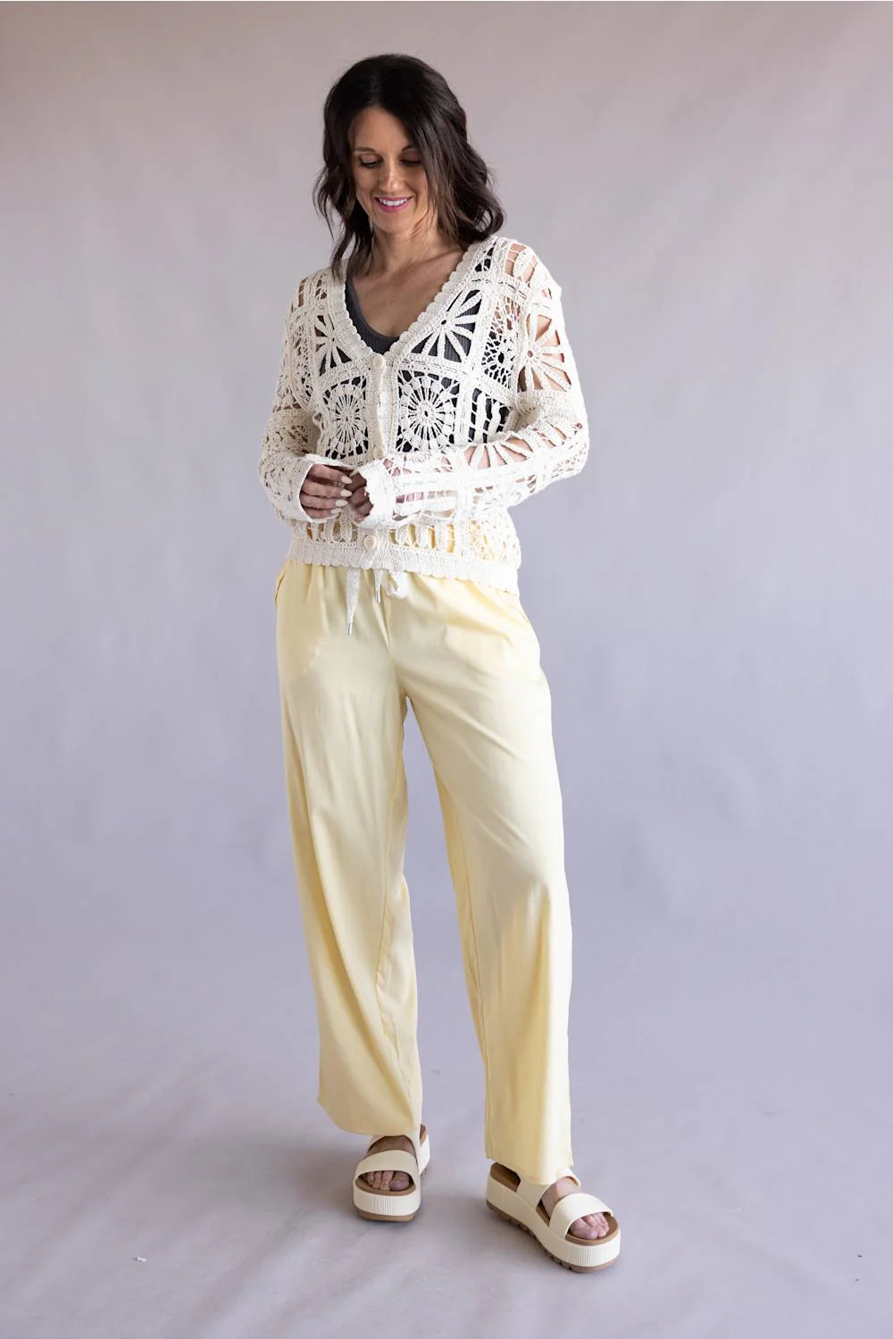 Lace Trim Drawstring Pants for Women in Yellow | NP70979-YELLOW - Image 2