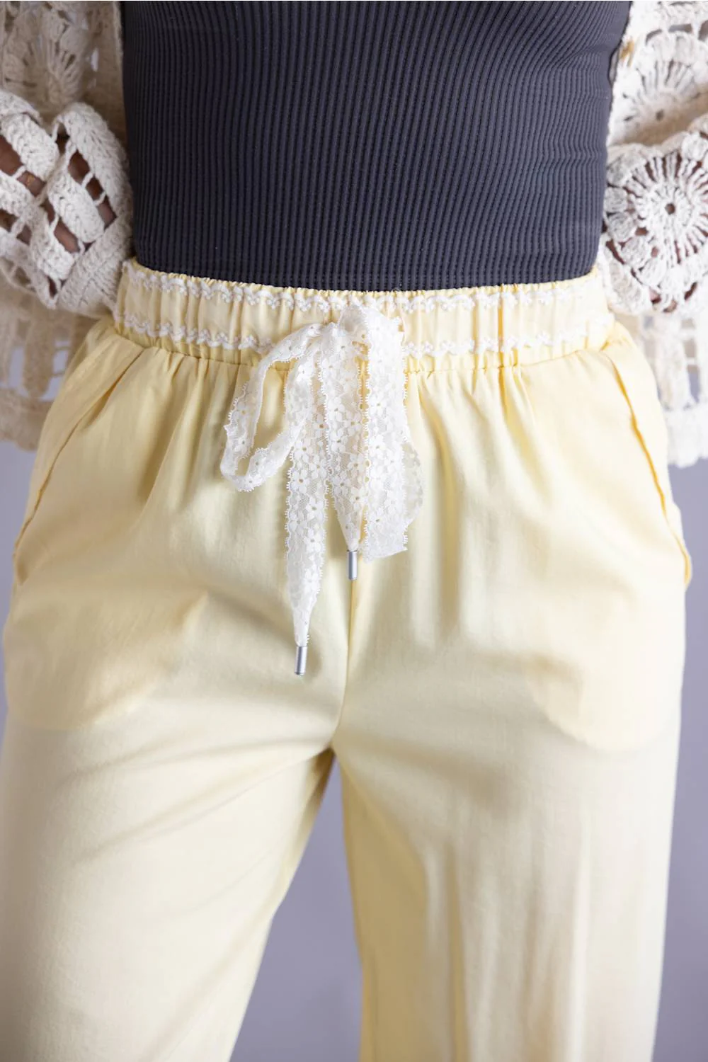 Lace Trim Drawstring Pants for Women in Yellow | NP70979-YELLOW - Image 3