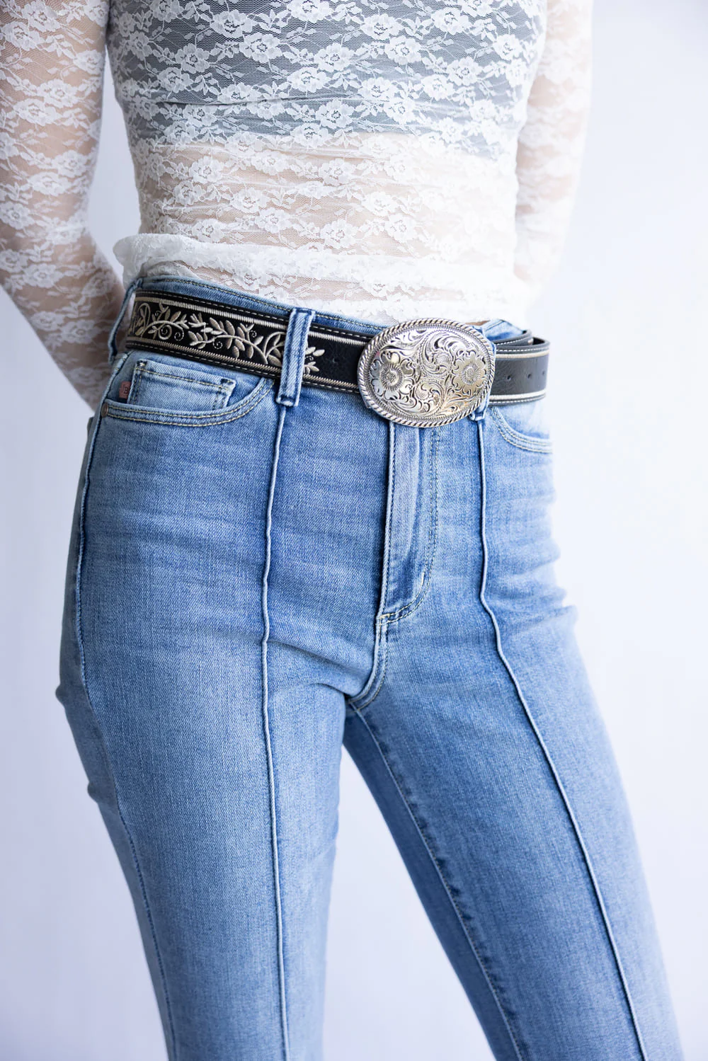 Large Circle Engraved Buckle Belt for Women in Black | 207216-BLACK - Image 2