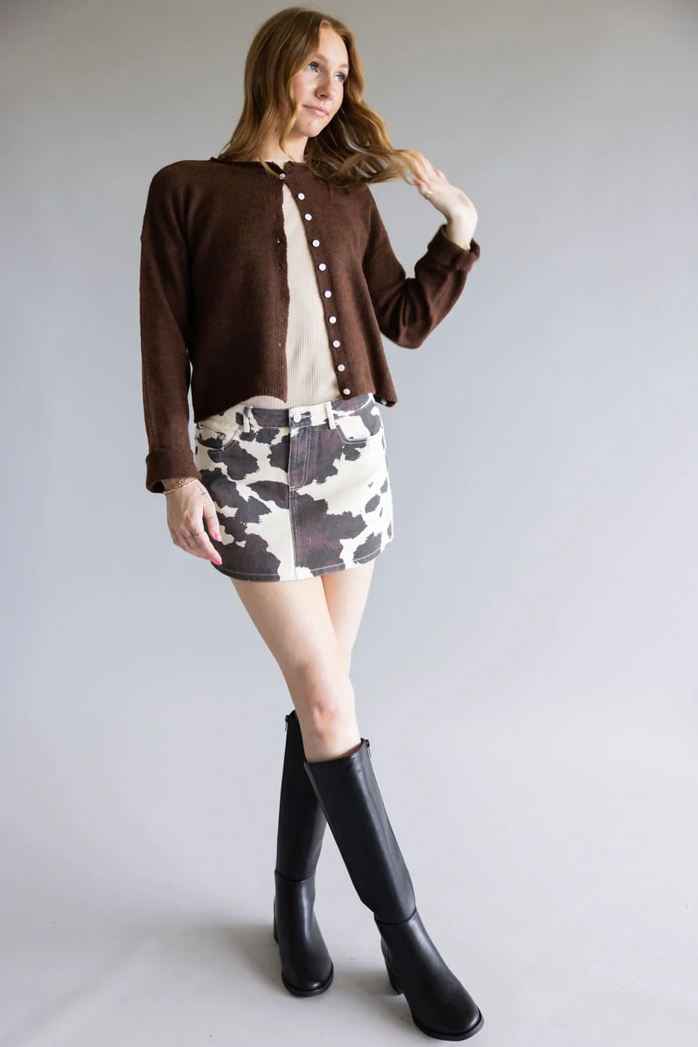 LeLis Cow Print Mini Skirt for Women in Cream/Brown | SS3102-CREAMBROWNANIMAL - Image 4