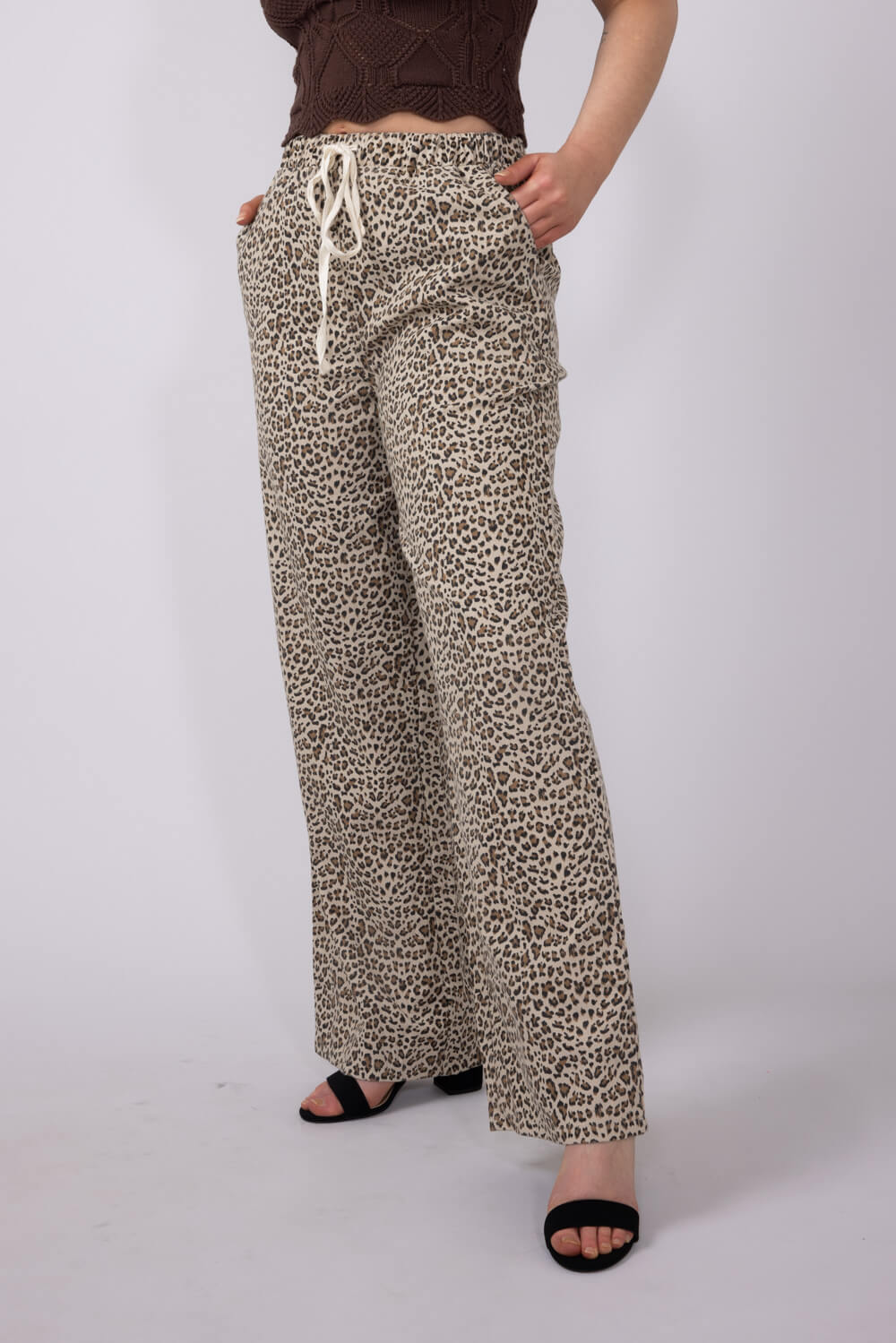 Leopard Print Drawstring Pants for Women in Brown | NP70768-BEIGELEOPARD - Image 3