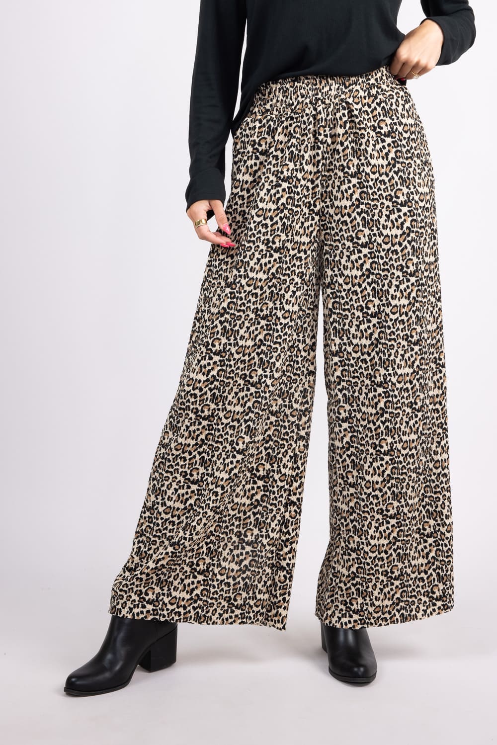 Leopard Smocked Waist Crinkle Flowy Pants for Women in Mocha Leopard | NP70826-MOCHALEOPARD - Image 2