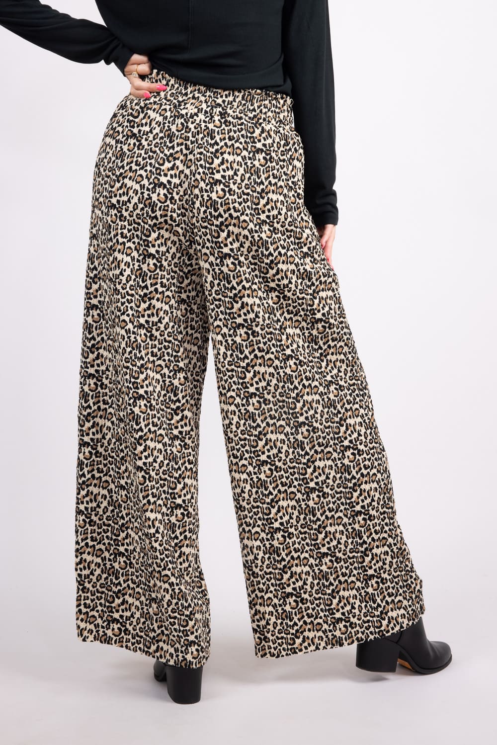 Leopard Smocked Waist Crinkle Flowy Pants for Women in Mocha Leopard | NP70826-MOCHALEOPARD - Image 3