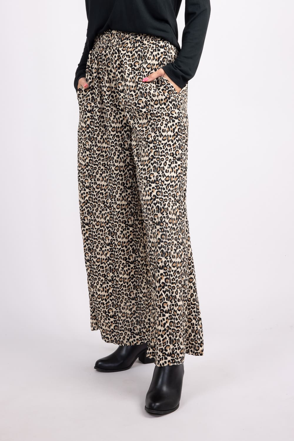 Leopard Smocked Waist Crinkle Flowy Pants for Women in Mocha Leopard | NP70826-MOCHALEOPARD - Image 4