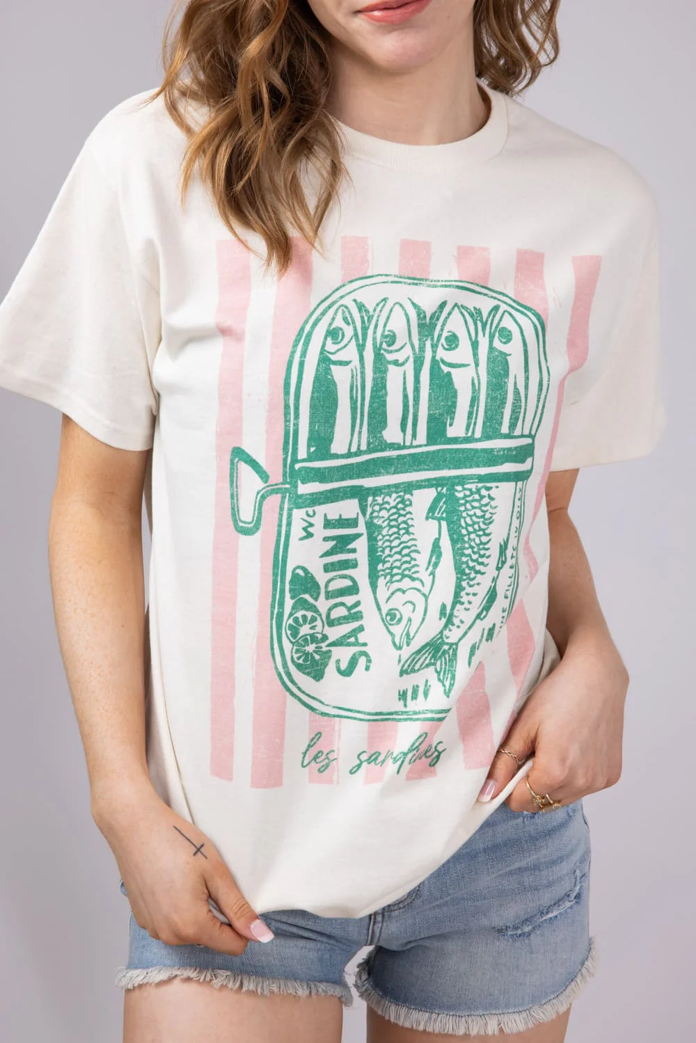 Les Sardine Stripe Oversized T-Shirt for Women in Ivory | 32917X-OTS-IVORY - Image 3