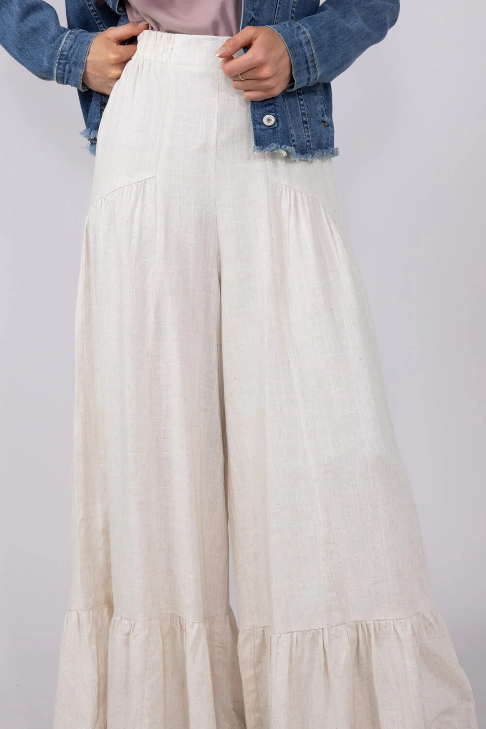 Linen Tiered Wide Leg Pants for Women in Oatmeal | NP70692-OATMEAL - Image 2