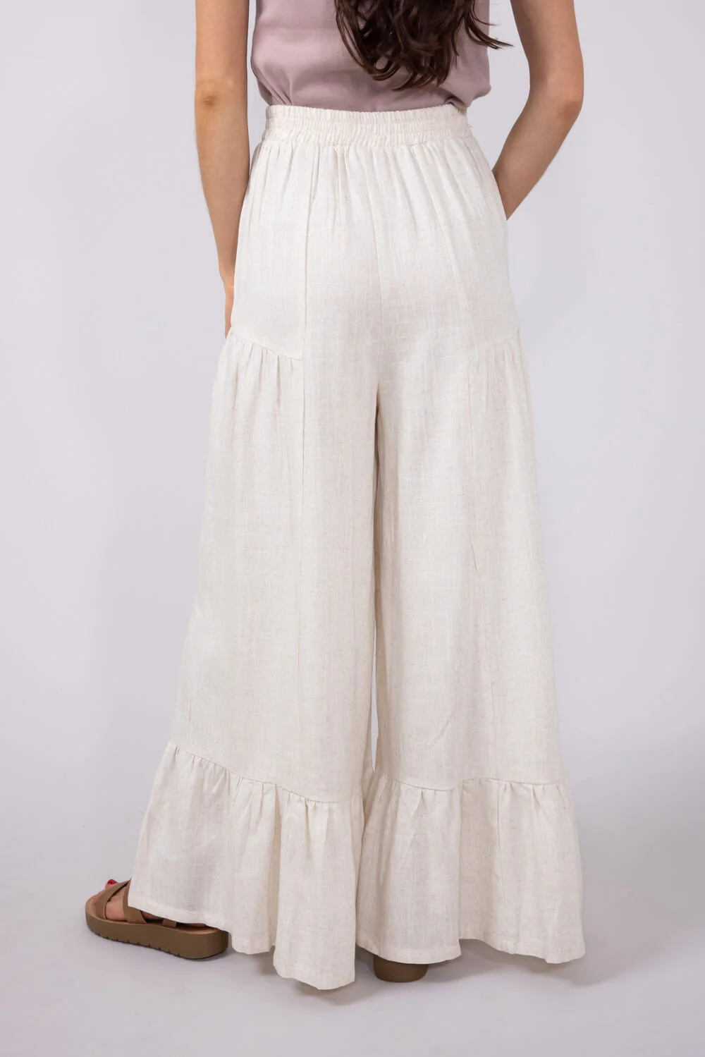 Linen Tiered Wide Leg Pants for Women in Oatmeal | NP70692-OATMEAL - Image 3