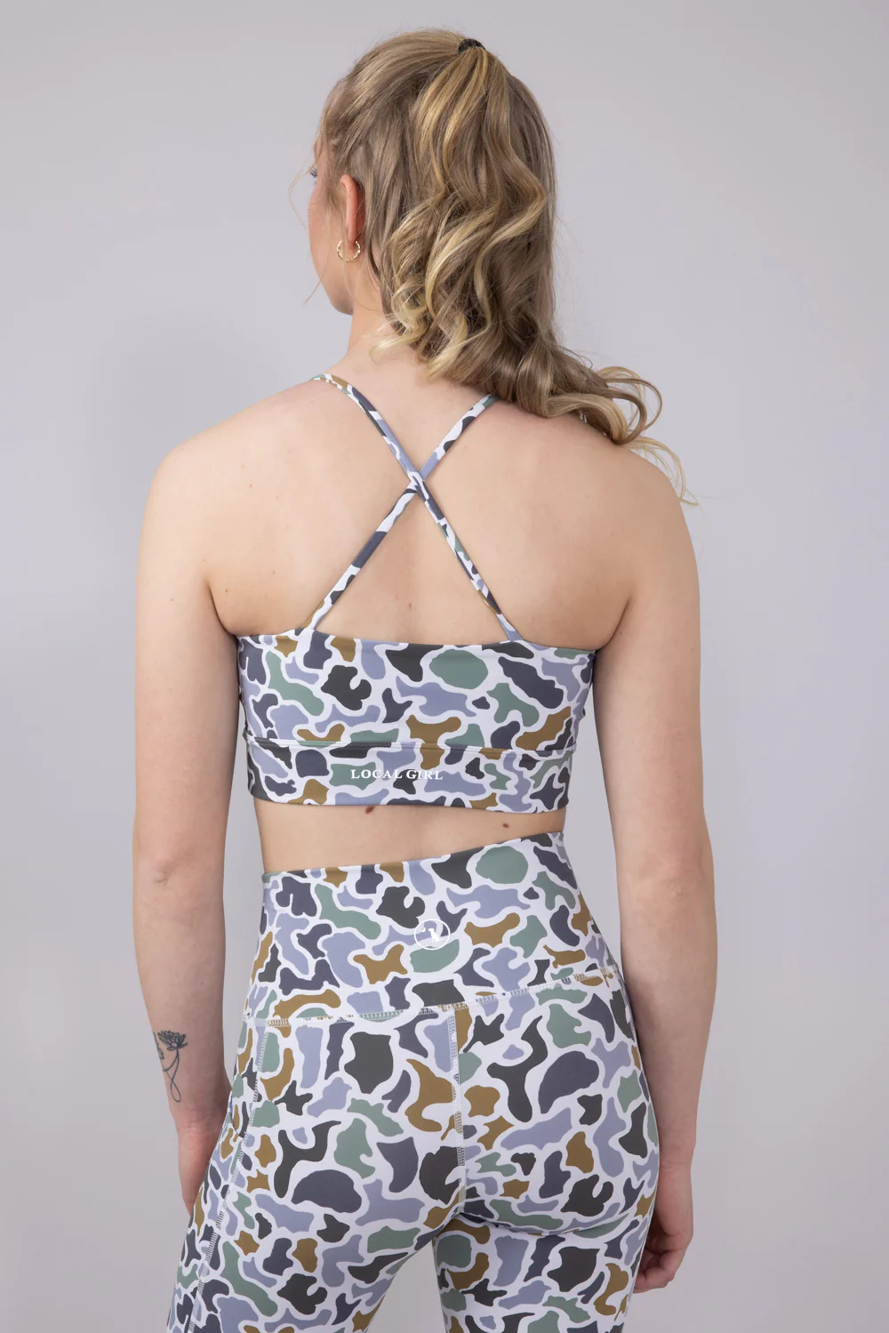 Local Girl Crossover Strap Sports Bra for Women in Bluff Grey Camo | L5140002-LCB - Image 4